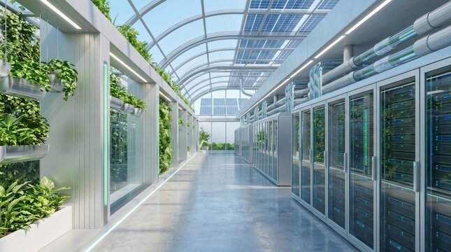Eco-friendly green data center server room with vertical garden walls and solar panel glass ceiling, sustainable IT infrastructure, cloud computing facility, nature integrated t...