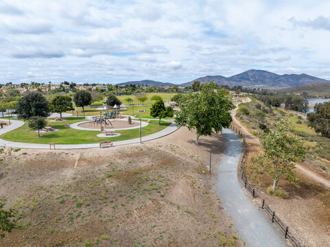 Aerial view of Otay Lakes County Park in Chula Vista, California, a scenic view of a mountain range, the lake. High quality photo