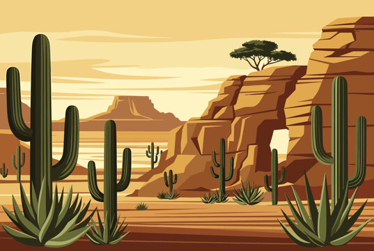 Scenic wild west desert landscape with saguaro cacti, green agaves, rocky plateaus, and a bright cave entrance.