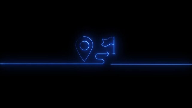 Blue Neon Line Art of Navigation Route with Pin and Flag on Black Background location