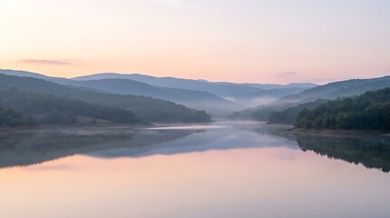 Fototapeta premium A serene morning view of the turkey conservation area featuring a calm lake reflecting misty mountains and colorful sunrise skies in Turkey landscape