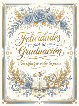 Ornate floral graduation greeting card design in blue and gold with open book, decorative frame and laurel for felicitaciones and academic celebration