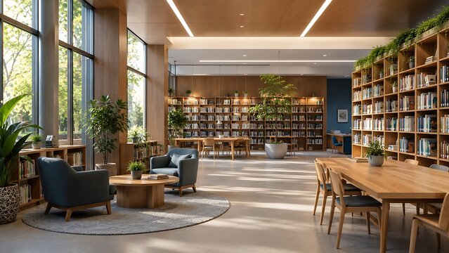 Modern library interior with natural light and comfortable reading spaces