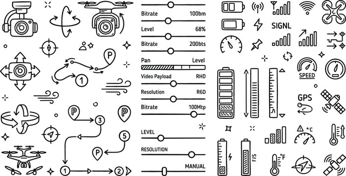 Drone Flight Data Icon Set with Camera Gimbal, Route Waypoint Map, Signal Strength, Battery Level, GPS, and Speed Indicator Symbols