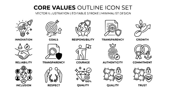 :
Core values outline icon set featuring innovation goals responsibility integrity teamwork inclusion and business principles