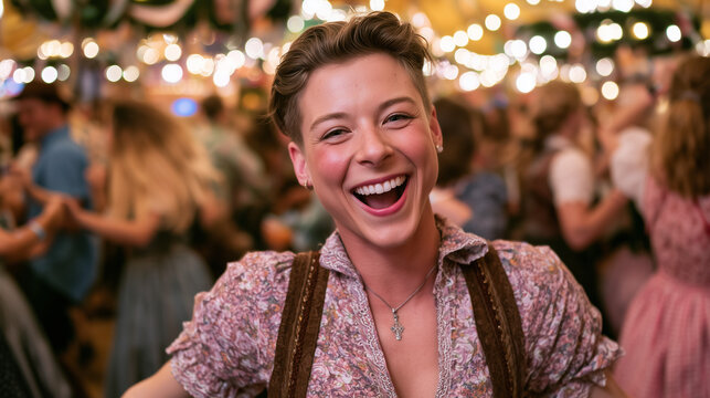 Person Smiling Joyfully at Oktoberfest Celebration.