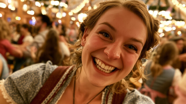 Smiling Woman Close-Up Portrait at Festive Beer Hall Event.