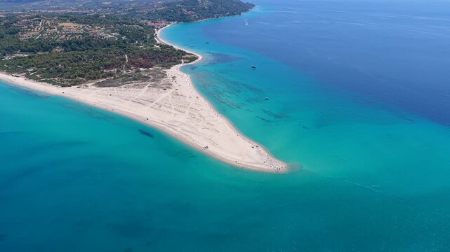 Aerial view of Possidi Beach turquoise sea and white sand