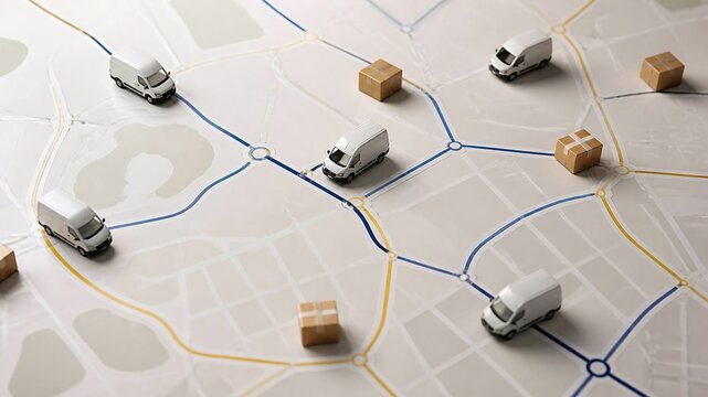 Delivery vans and packages on map routes