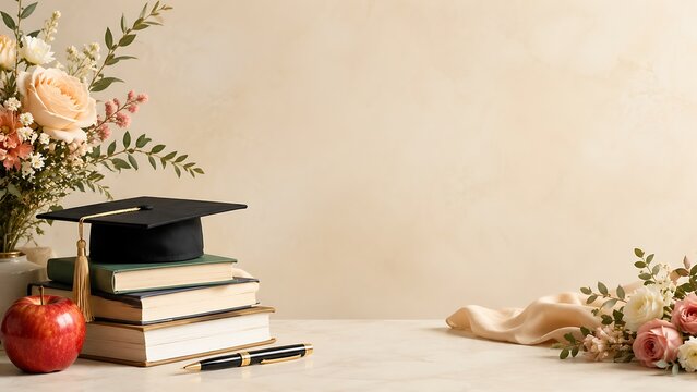 Graduation ceremony setup with books cap apple and floral arrangement