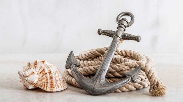 Nautical Anchor, Rope, and Seashell on Textured Background