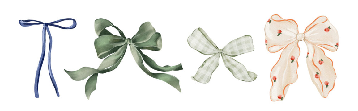 Watercolor ribbon bows isolated clipart set. Hand painted decorative satin and fabric bows for invitations, gift wrapping, branding, stationery, scrapbooking, fabric and wedding designs.