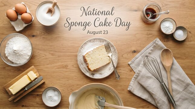 Sponge Cake Slice with Baking Ingredients and Handwritten National Sponge Cake Day August 23