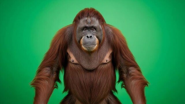 A mature orangutan with a surprised expression standing against green background
