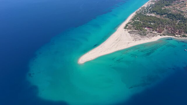 Aerial view of Possidi Beach sandy peninsula surrounded