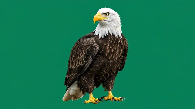 A majestic bald eagle standing proudly against a solid vibrant green background