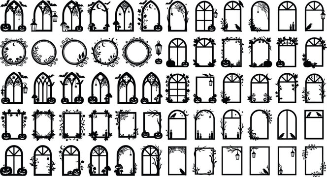 Ornate Window Frames and Decorative Archways Vector Silhouette