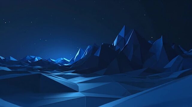 A digital landscape features low poly mountains under night sky