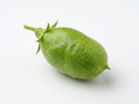 Close up of a green marshmallow root pod with stem and leaves on white