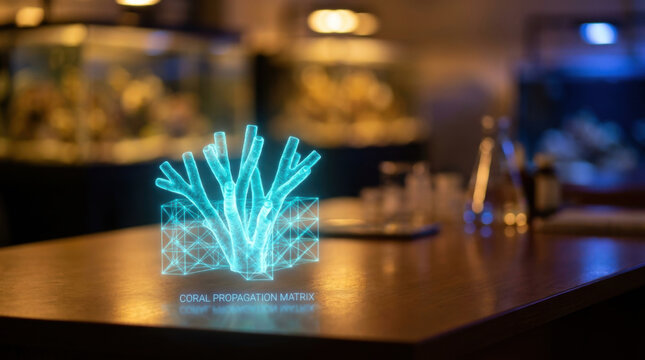 Coral propagation matrix futuristic cyan coral display on table in dim bar interior with bokeh light