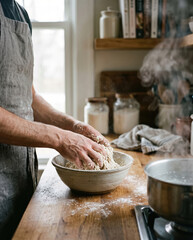 Fototapeta premium Close Up Of Man Kneading Fresh Dough In Ceramic Bowl On Wooden Kitchen Counter