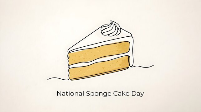 Continuous Line Art Sponge Cake Slice with Color Accents and National Sponge Cake Day Typography