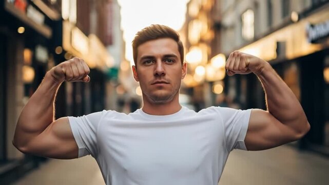 A muscular man flexing his arms on a city street during the golden hour