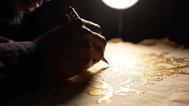 Artist's hand drawing intricate gold pattern on parchment with quill pen, close-up