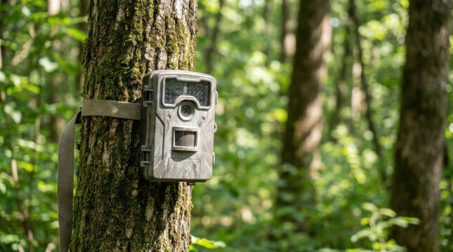 Trail camera on tree trunk in forest, wildlife monitoring in green woodland