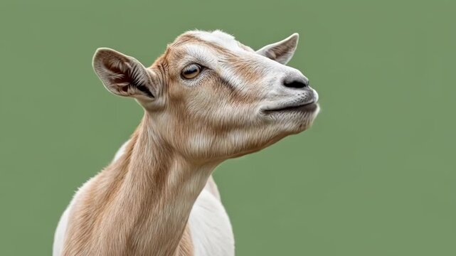 A close up profile shot of a brown and white goat on a solid green background