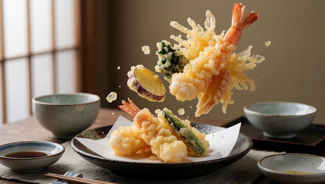 Plate japanese food specifically tempura wooden table golden brown appears freshly cooked large shrimp top arr