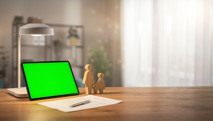 Naklejka premium Digital Tablet with Green Screen and Wooden Family Figurines on a Home Office Desk for Remote Work or Educational Content Creation