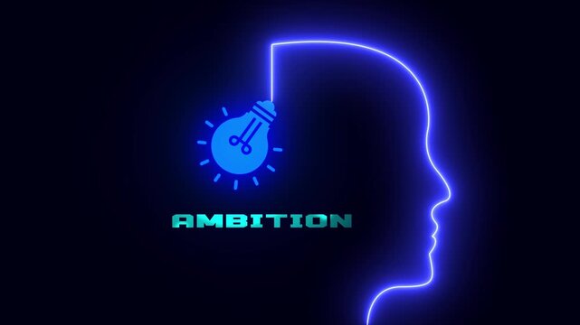 Ambition concept animated video featuring glowing neon human head profile with light bulb and typography text for strong desire and motivation
