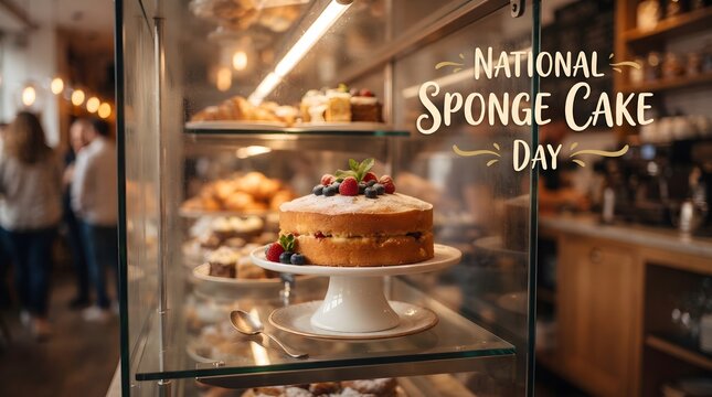 Bakery Display Cabinet with Sponge Cake and National Sponge Cake Day Celebration