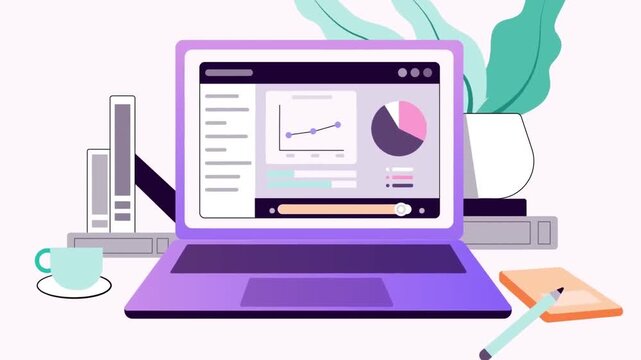 2D Animated Laptop Computer Screen Displaying Business Analytics Charts Data Graphs and Reports Flat Vector Animation Footage