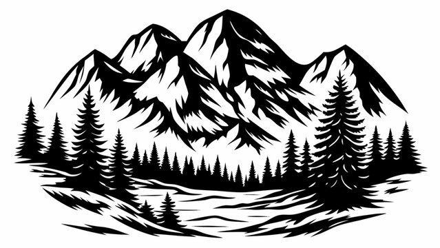 Mountain forest silhouette a bold black and white graphic design with coniferous trees and peaks alpine ascent