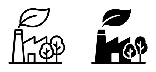 Obraz premium Eco-friendly factory icons, green industry symbols, sustainable production, clean energy, environmental protection, nature and industry balance, vector graphics