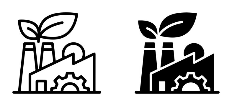 Eco-friendly factory icons, green industry symbols, sustainable production concept, clean energy manufacturing, renewable resource plant, environmental factory illustration