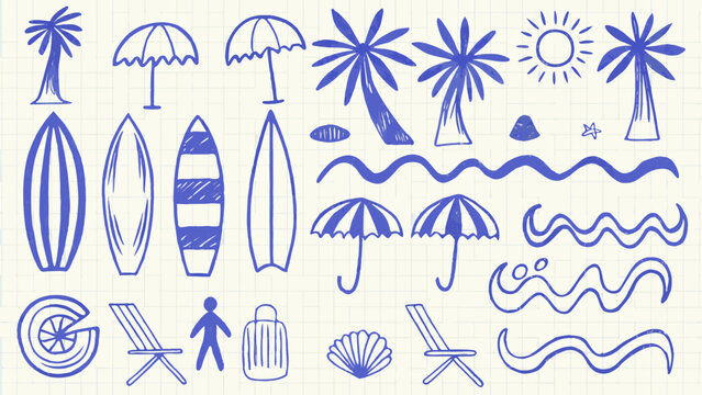 Beach themed doodles including palm trees surfboards sun and seashells in a blue sketch style beachcombing beachside