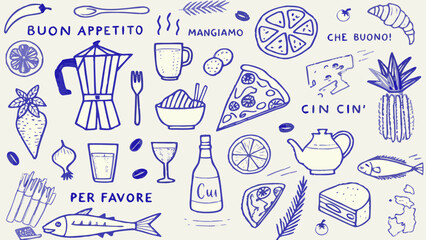 Slats personalizados para cozinha com sua foto Italian cuisine themed vector illustration featuring food items utensils and handwritten phrases in blue tones apple slice apricot