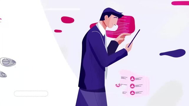 2D Animated Businessman Detective Inspecting Stack of Files with Magnifying Glass Flat Vector Character Animation Footage