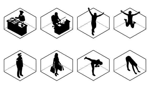 Collection of isometric people silhouette icons featuring office work, shopping, standing, jumping, stretching, yoga, and everyday activities. Perfect for websites, mobile apps, infographics, architec