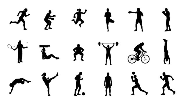 Collection of black sports silhouettes featuring running, cycling, weightlifting, stretching, yoga, tennis, dancing, martial arts, and fitness exercises. Perfect for sports, wellness, gym, and active 
