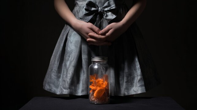 Woman Holding Glass Jar with Glowing Orange Leaves