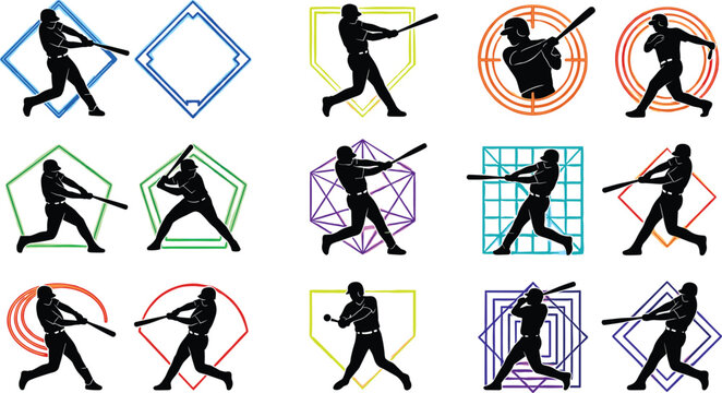 Baseball Batter Silhouette Icon Set Featuring Colorful Geometric Frames, Softballs Players, and Hitter Poses for Sports Team Logos, Tournaments, and Graphic Designs