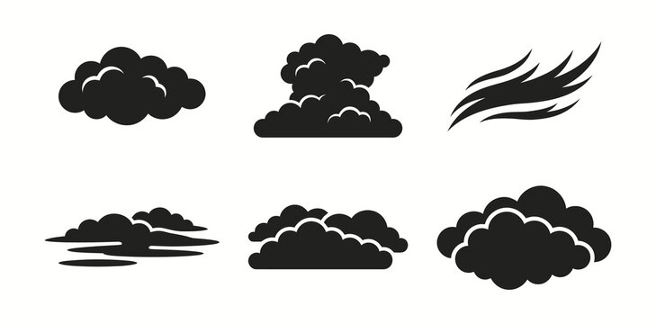 Set of black cloud in various shapes including cumulus, stratus, and wind gust symbols for weather forecasting