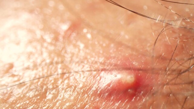 Extreme close-up video of a pimple on human skin, highlighting pores and texture.
