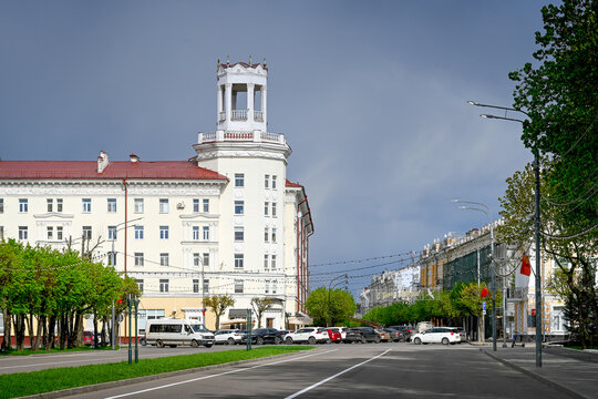 Tower of a Soviet residential building on Lenin Street in Smolensk, Smolensk region of Russia