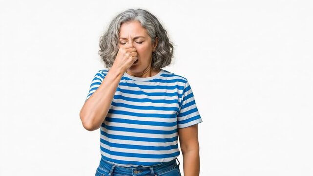 A middle-aged woman pinching her nose due to a bad smell in the air