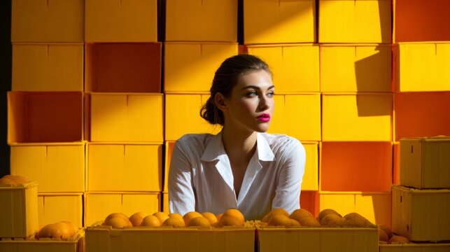 Woman Surrounded by Yellow Storage Boxes and Citrus Fruits
